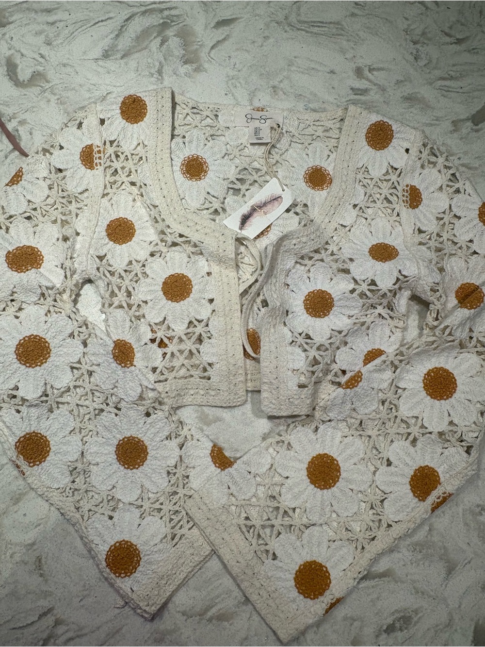 Jessica Simpson Crochet Daisy Cardigan - White & Mustard